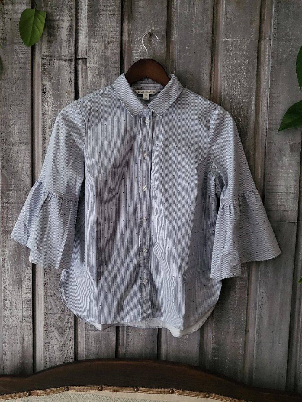 Counterparts Striped Bell Sleeve Button Down Blouse Shirt M